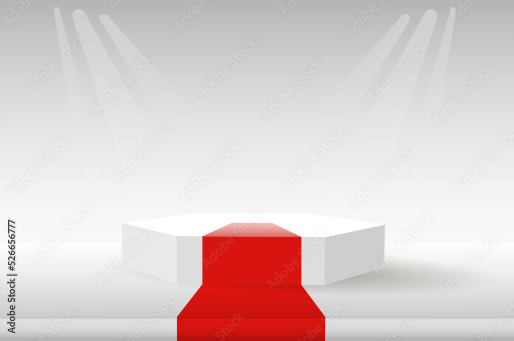 Obraz premium Podium, red carpet and geometric shapes in white tones. An empty space for your design. 3d image.