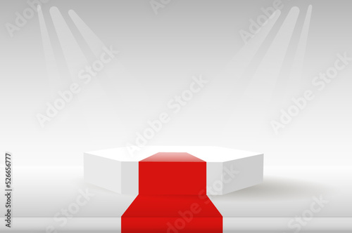 Podium  red carpet and geometric shapes in white tones. An empty space for your design. 3d image.