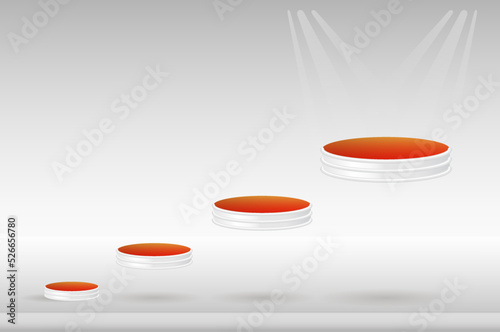 Podium, red carpet and geometric shapes in white tones. An empty space for your design. 3d image.