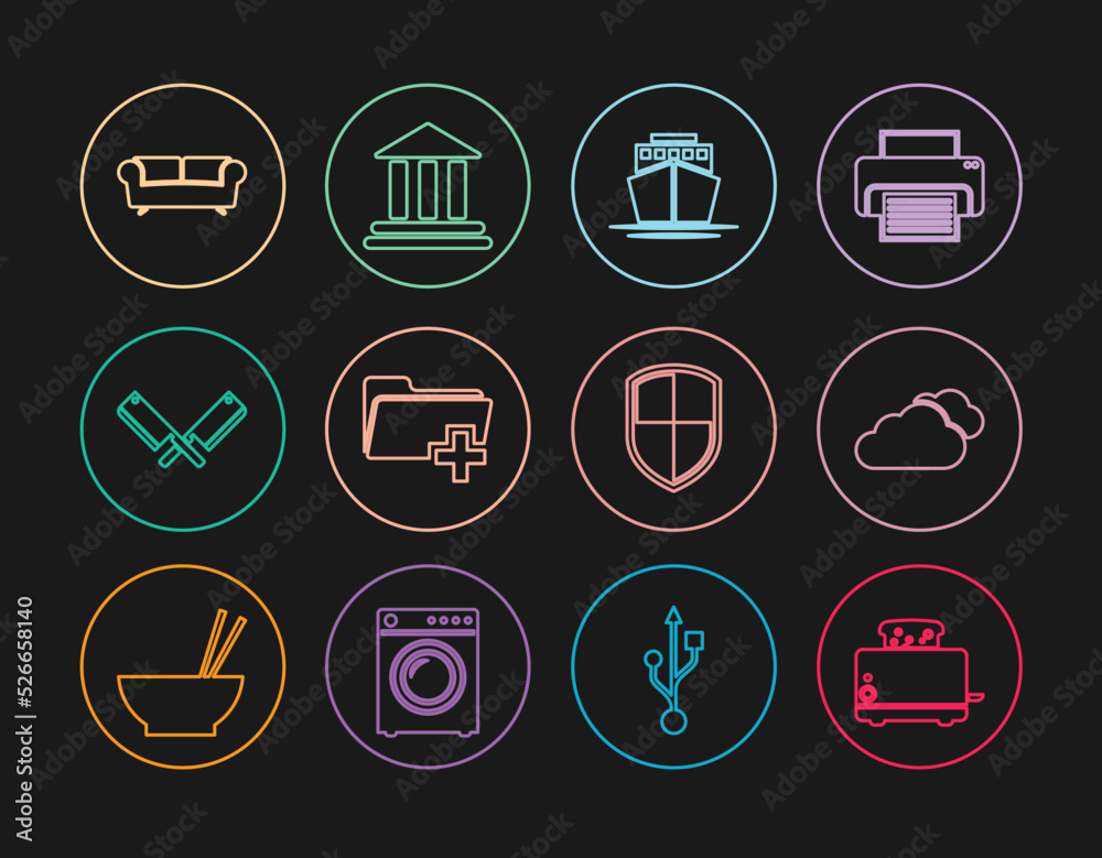 Set line Toaster with toasts, Cloud, Ship, Add new folder, Crossed meat chopper, Sofa, Shield and Bank building icon. Vector Set line Toaster with toasts, Cloud, Ship, Add new folder, Crossed meat chopper, Sofa, Shield and Bank building icon. Vector
