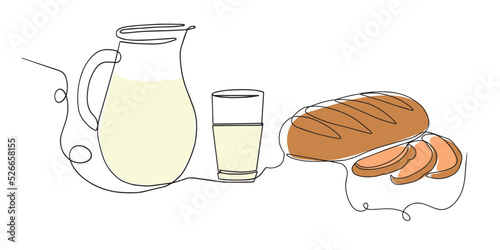Continuous one line drawing of a loaf of bread, a jug, a glass of milk. Vector illustration.