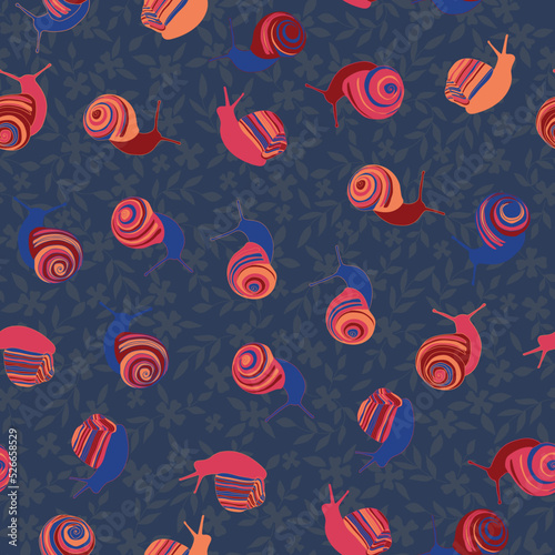 Snail seamless pattern on floral background