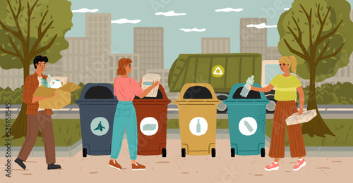 People sort trash for recycle concept vector posters set. Man and woman separate grabage in different waste bin. Plastic bottle, organic waste, paper, glass