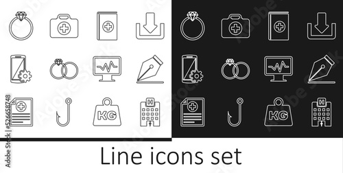 Set line Medical hospital building, Fountain pen nib, book, Wedding rings, Setting on smartphone, Diamond engagement, Monitor with cardiogram and First aid kit icon. Vector