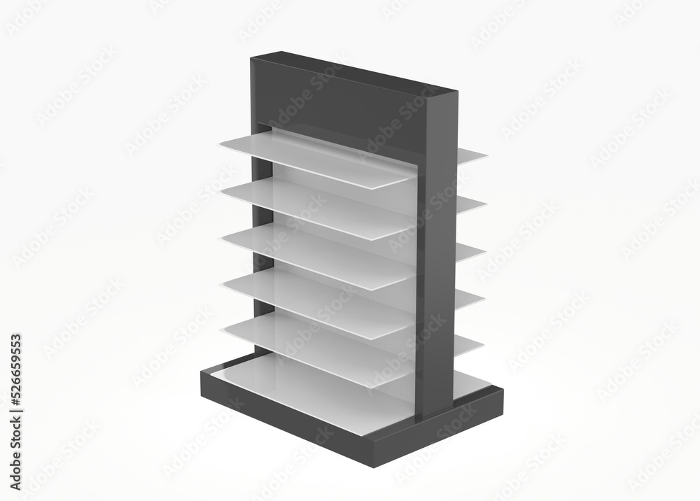 Stand with glasses in the store of optics isolated on white background. 3d illustration Stand with glasses in the store of optics isolated on white background. 3d illustration