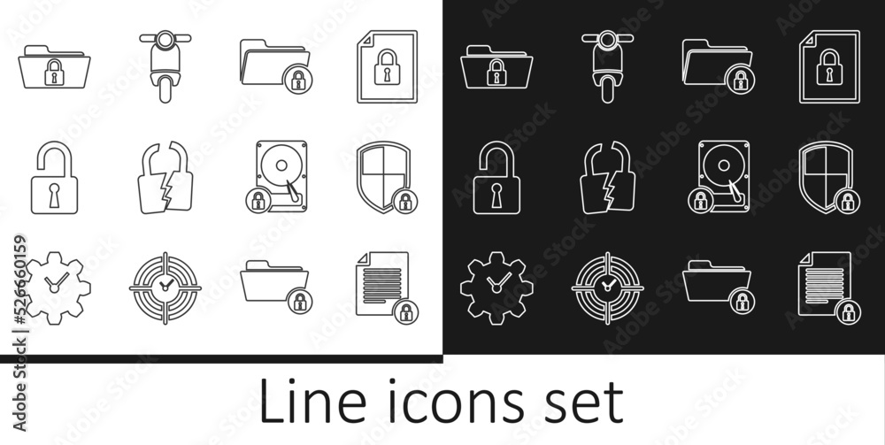 Set line Document and lock, Shield security with, Folder, Broken or cracked, Open padlock, Hard disk drive and Scooter icon. Vector