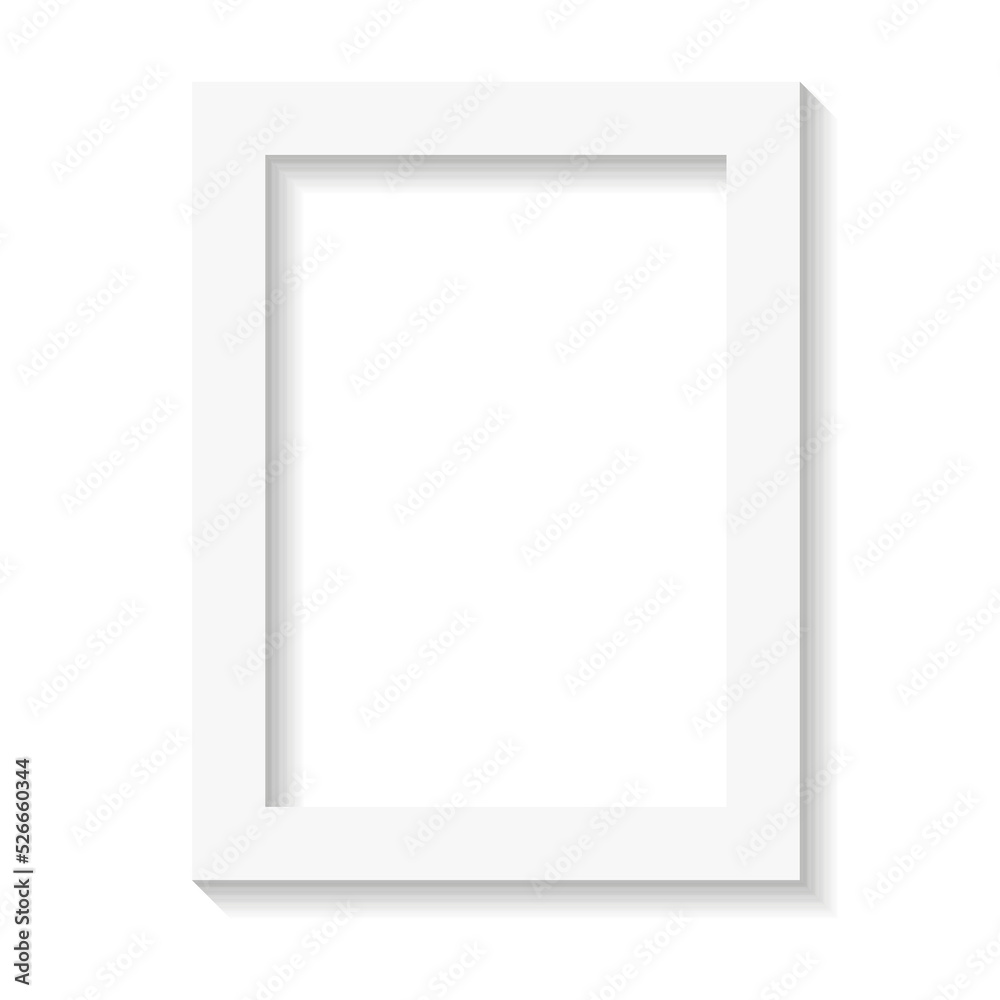White empty photo or picture frame with shades isolated on white background. Vector illustration. Wall decor. Rectangle vertical photo frame