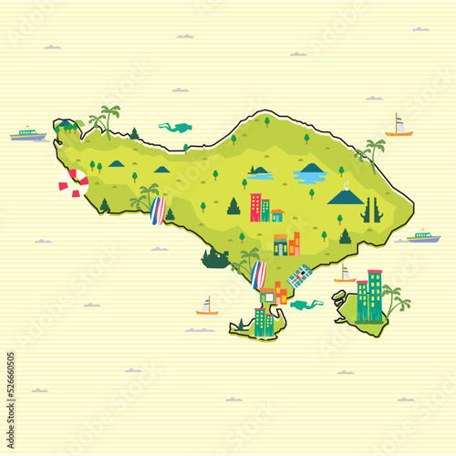Bali island flat map design is indonesia best travel destinations