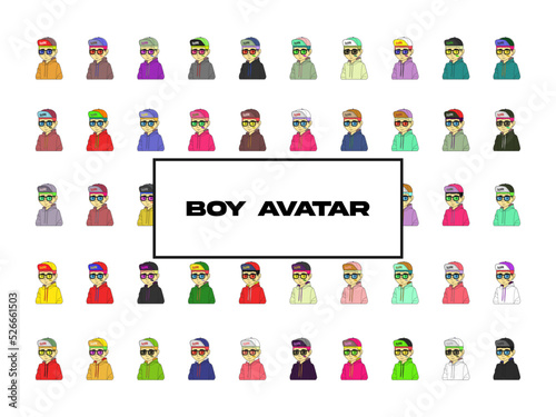 boy avatar icon collection set color full with glasses and hat stylist