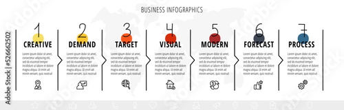 Seven creative overlapping arrows place in a horizontal row. Line vector infographic concept for banner, workflow layout, process diagram, flow chart, info graph. 7 steps design template.