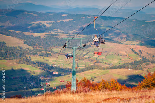 Old cable way in Carpathian mountains. Colorful autumn scene of ski resort. Amazing morning view of Ukrainian countrysode. Traveling concept background..