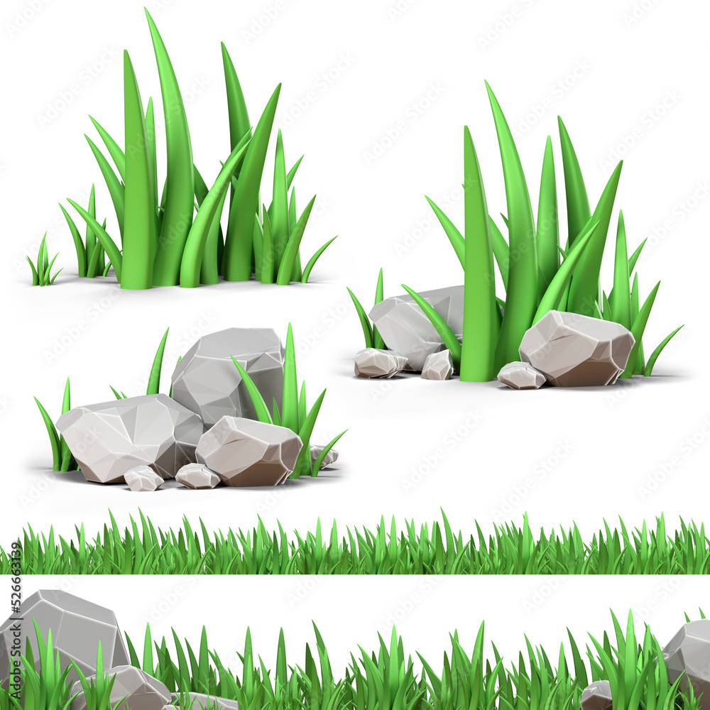 Grass and rock 3D render, green grass and rock isolated objects for