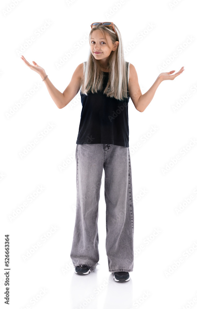 Full length portrait of teen girl isolated on white background being at a loss, showing helpless gesture with arm and hands, mouth curved as if she does not know what to do with current situation. Full length portrait of teen girl isolated on white background being at a loss, showing helpless gesture with arm and hands, mouth curved as if she does not know what to do with current situation.