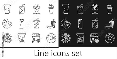 Set line Donut, Soda and hotdog, Location with, Burrito, Coffee cup, Glass water and icon. Vector