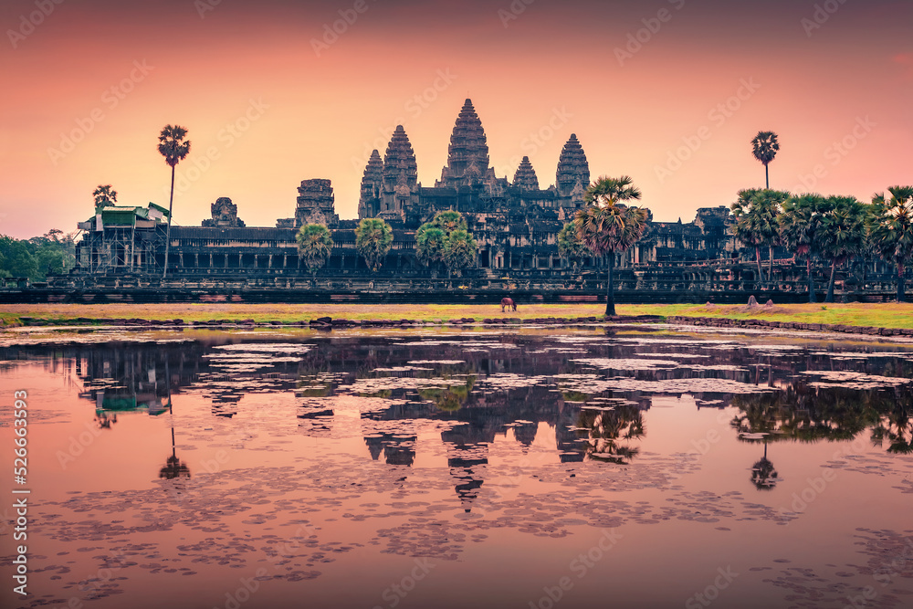 Fototapeta premium Colorful dawn in Angkor Wat, iconic buddhist temple sprawling complex building surrounded by a wide moat and features intricate carvings. Spectacular summer scene of Krong Siem Reap, Cambodia, Asia.