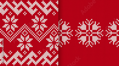 Two knit prints. Christmas seamless pattern. Knitted sweater background. Festive crochet. Xmas winter geometric texture. Holiday fair isle traditional ornament. Wool pullover. Vector illustration.