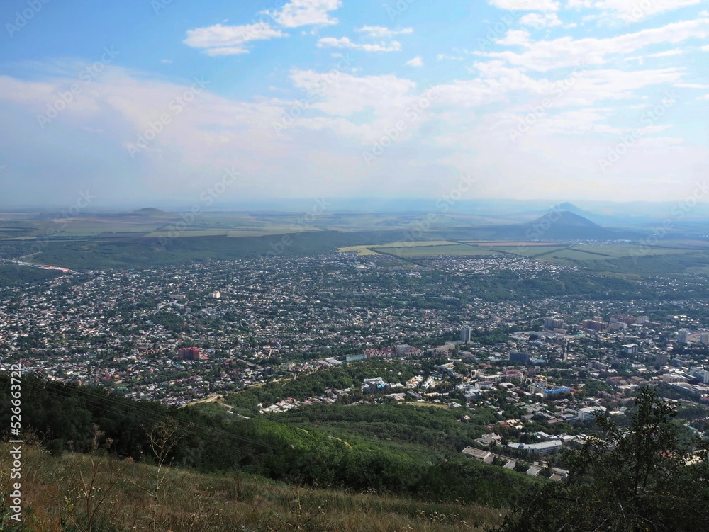 Mountain landscapes. Panoramic view from Mount Mashuk to Mount Lysuya and the surrounding landscape. Pyatigorsk, North Caucasus, Russia.