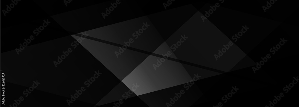 Black abstract background. Modern abstract black wide banner with transparent geometric shapes. Vector illustration