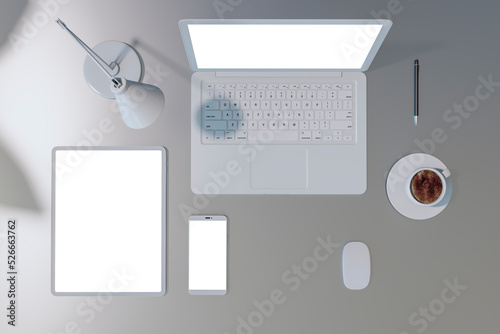 Top view of office table with laptop, smartphone and cellphone, coffee cup and supplies. Mock up, 3D Rendering.