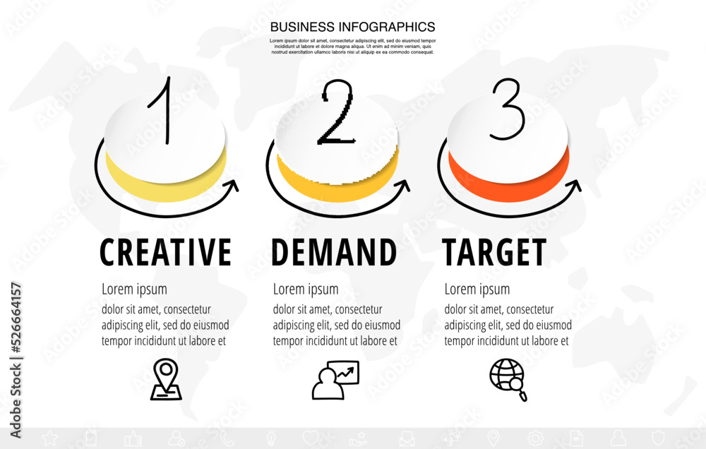Modern business infographics template. Line timeline with three circles and arrows. Vector element for 3 number options, banner, presentations, web, content, levels, chart, graphic