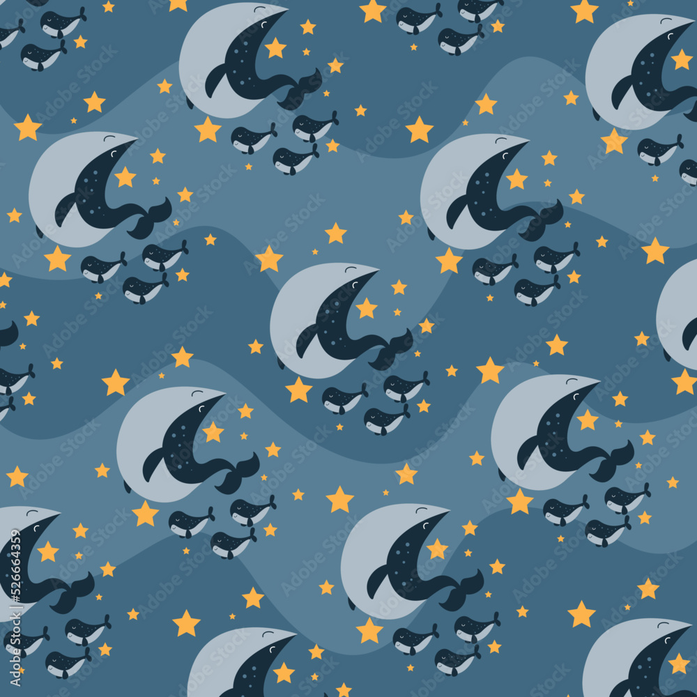 whale family pattern swimming in the sky with stars