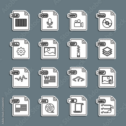 Set line M3U file document, GIF, PSD, MOV, TIFF, DLL, XLS and ZIP icon. Vector