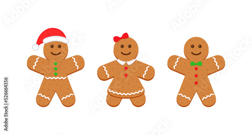 Gingerbread Christmas cookies. Three classic ginger bread man and woman figures. Noel holiday sweet dessert isolated on white background. Xmas cute biscuits. Vector illustration.