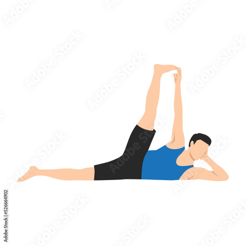 Man doing Side Reclining Leg Lift Pose, Vishnu Pose, Eternal One Pose. Practice Anantasana. Flat vector illustration isolated on white background