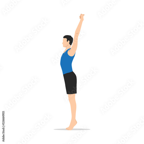 Man doing Palm Tree Pose on Tiptoes. Practice Urdhva Hastasana on Tiptoes. Flat vector illustration isolated on white background