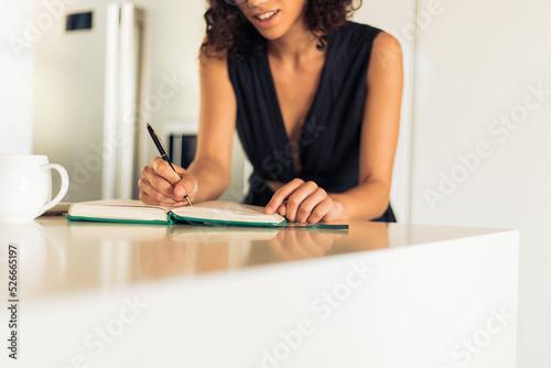 Midsection of freelancer writing notes in diary on kitchen island