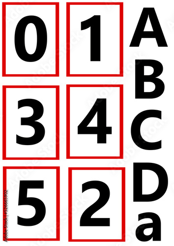 red and BLACK numbers FROM 0 TO 5 ZERO TO FIVE IN A3 PAPER SIZE TO PRINT LETTERS ABCD ALSO ON THE PRINT