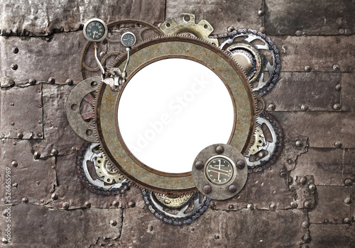 Metallic round frame with vintage machine gears and retro cogwheel
