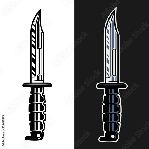 Combat knife set of vector objects in two styles monochrome on white and colored on dark background
