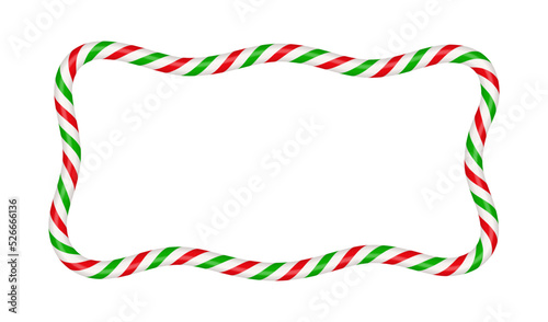 Christmas candy cane rectangle frame with red and green stripe. Xmas border with striped candy lollipop pattern. Blank christmas and new year template. Vector illustration isolated on white background