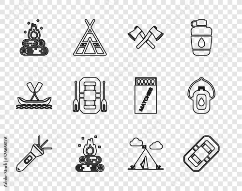 Set line Flashlight, Rafting boat, Crossed wooden axe, Campfire, Tourist tent with flag and Canteen water bottle icon. Vector