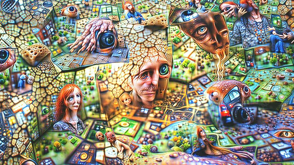 AI generated NFT crypto art of rainbow faces. Psychedelics digital image manipulation of an artificial intelligence.Cyberart travel into the mind concept.