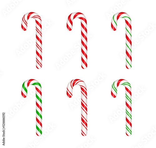 Christmas candy canes set. Christmas stick. Traditional xmas candy with red, green and white stripes. Santa caramel cane with striped pattern. Vector illustration isolated on white background.