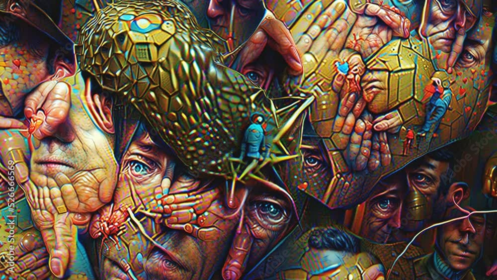 AI generated NFT crypto art of abstract ayes and face monsters painting. Cubist digital image manipulation of an artificial intelligence.Cyberart travel into the mind concept.