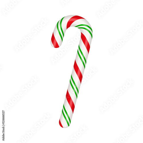 Christmas candy cane. Christmas stick. Traditional xmas candy with red, green and white stripes. Santa caramel cane with striped pattern. Vector illustration isolated on white background.