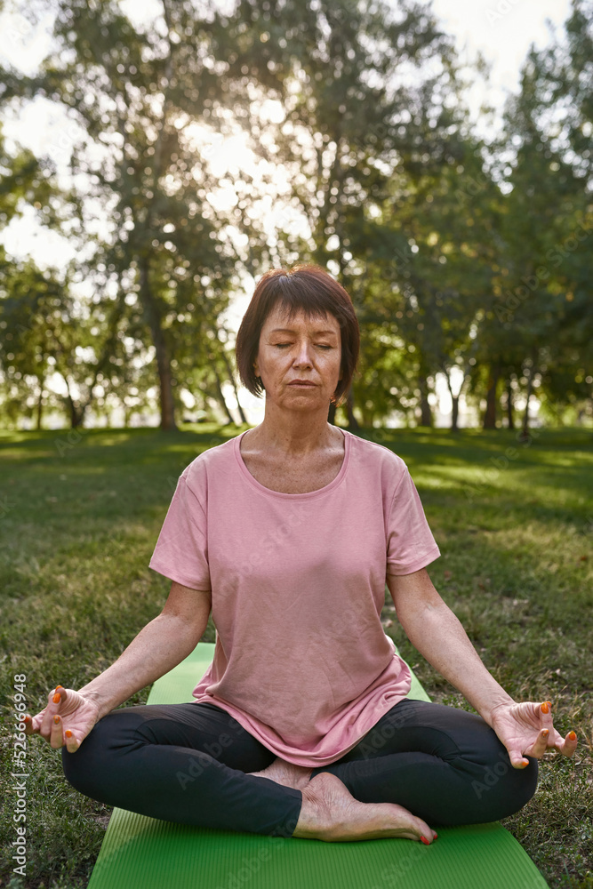 Elderly woman practice yoga on fitness mat on lawn Elderly woman practice yoga on fitness mat on lawn