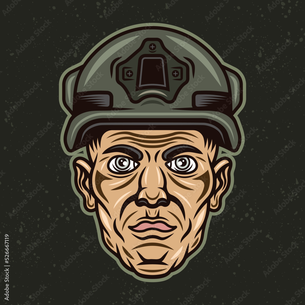 Soldier head, infantryman vector illustration in vintage colorful style on dark background, apparel design, t-shirt template