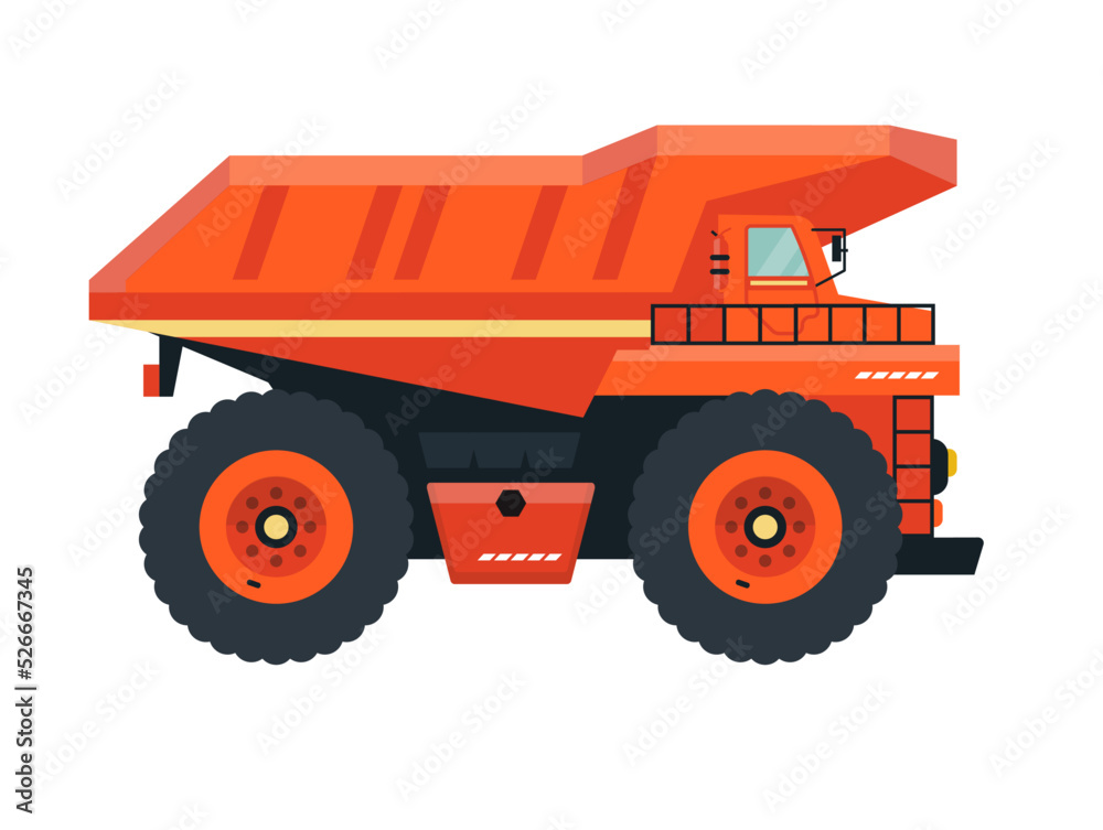Orange dump truck isolated. Icon. Dump trailer, lorry. Heavy machinery. Flat vector illustration. 