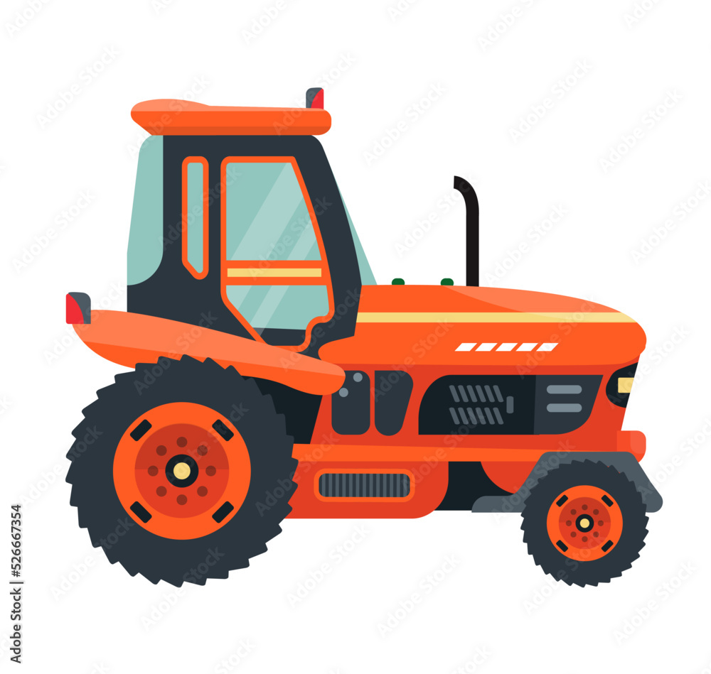 Orange tractor isolated. Icon. Vehicle used in farming and agriculture. Field work. Heavy machinery. Flat vector illustration. 
