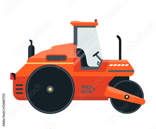 Orange road roller isolated. Icon. Roller-compactor used to compact soil, asphalt. Heavy machinery. Flat vector illustration. 