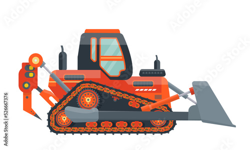 Orange bulldozer isolated. Icon. Crawler. Vehicle for pushing, handling, building. Heavy machinery. Flat vector illustration. 
