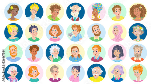 Big set of avatar icons of happy people of different ages and characters and nationalities. In cartoon style. Isolated on white background. Vector flat illustration.
