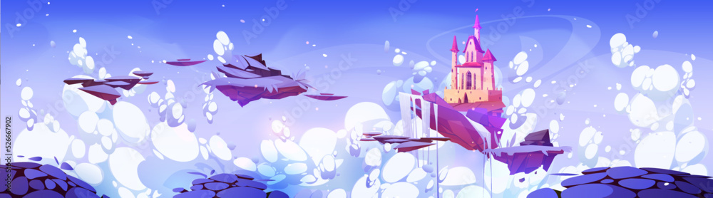 Fantasy winter landscape with castle, snow and frozen waterfall on floating islands. Royal palace, ice and white snow on ground pieces flying in sky with clouds, vector cartoon illustration