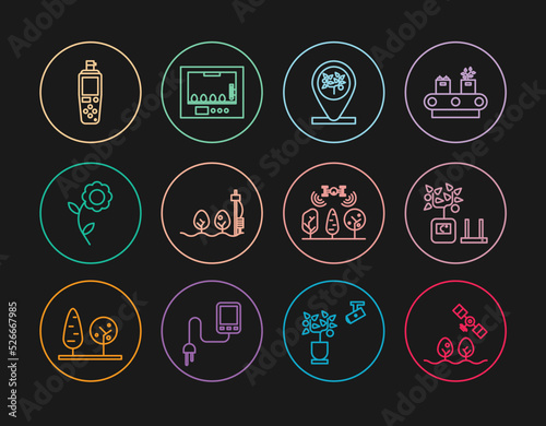 Set line Smart farm with drone, farming technology, Location and tree, Standalone sensor plant, Flower, Portable, and Incubator for eggs icon. Vector