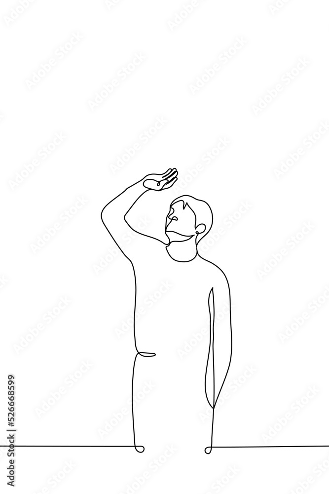 man stands looking at the sun through his fingers - one line drawing vector. concept look at the sun, bright sun, heat, summer, solar eclipse man stands looking at the sun through his fingers - one line drawing vector. concept look at the sun, bright sun, heat, summer, solar eclipse