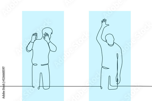 man locked in narrow glass cages - one line drawing vector. captivity concept, forbidden human experiments, human zoo